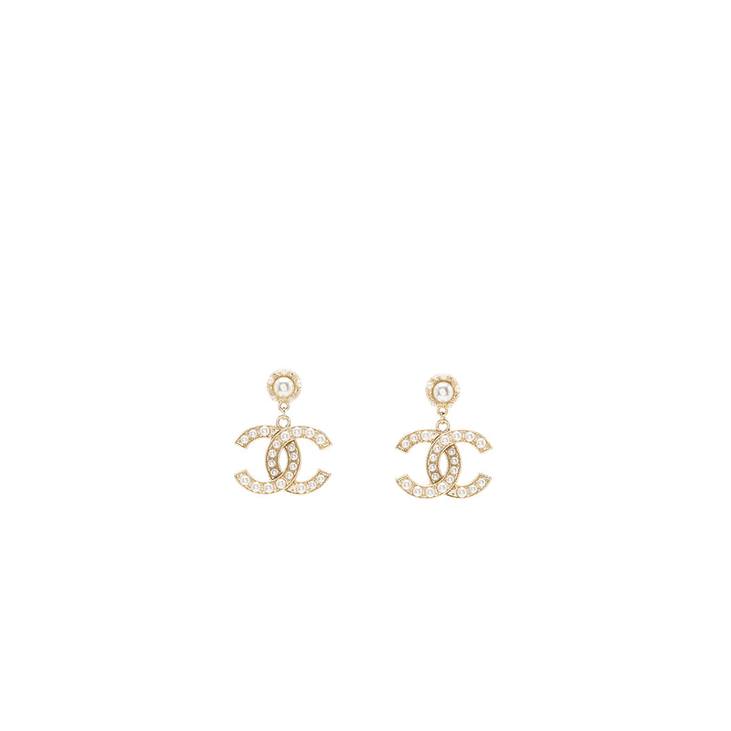 Chanel CC Logo Drop Earrings with Pearl Gold Tone