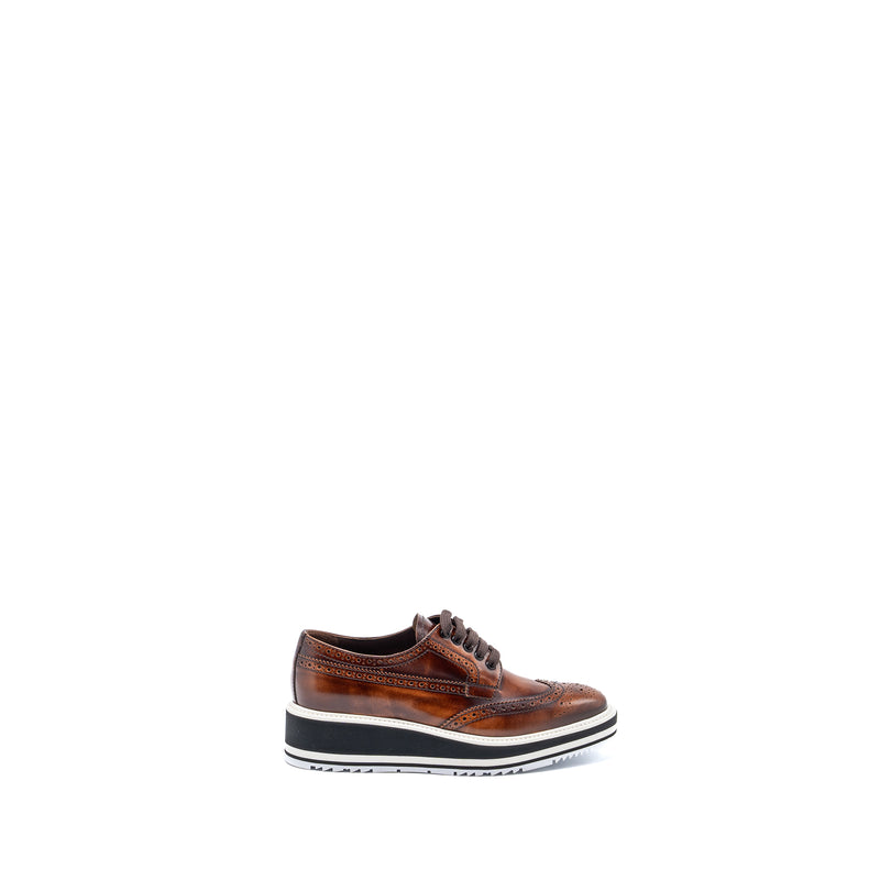 Prada Size 36.5 Brogue-Trim Platform Oxford Loafer Calfskin Brown