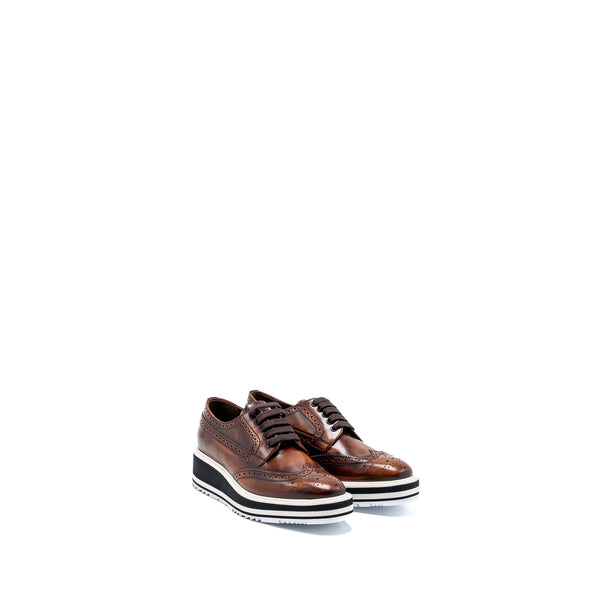 Prada Size 36.5 Brogue-Trim Platform Oxford Loafer Calfskin Brown