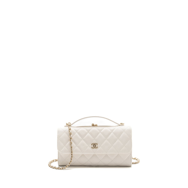 Chanel Top Handle Flap Wallet with chain Lambskin White LGHW (Microchip)