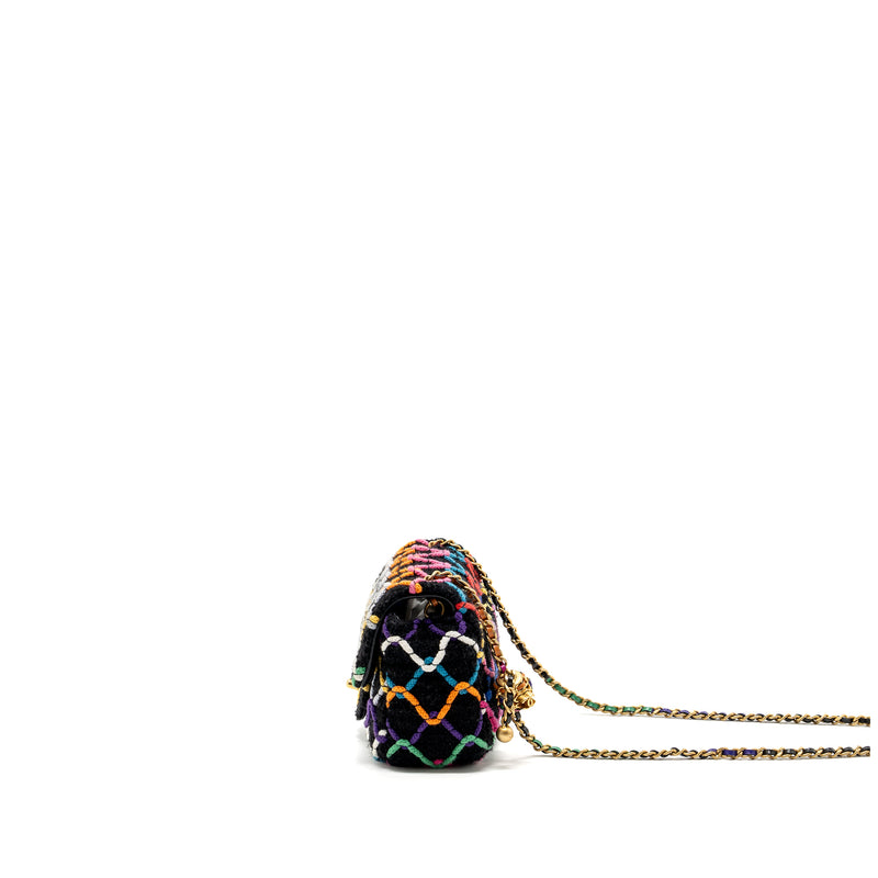 Chanel 22S pearl crush mini square flap bag fabric / tweed black / multicolor GHW (microchip)