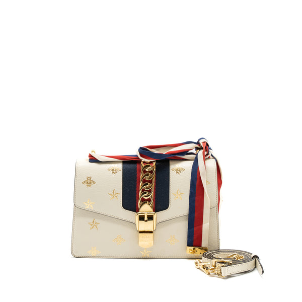 Gucci Small Sylvie Bag Bee Printed Calfskin White GHW