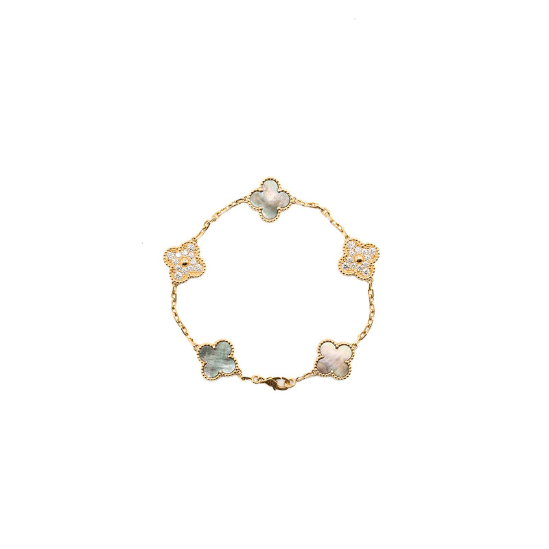 VAN CLEEF & ARPELS Vintage Alhambra Bracelet, 5 Motifs Grey Mother Of Pearl / Rose Gold/ Diamonds