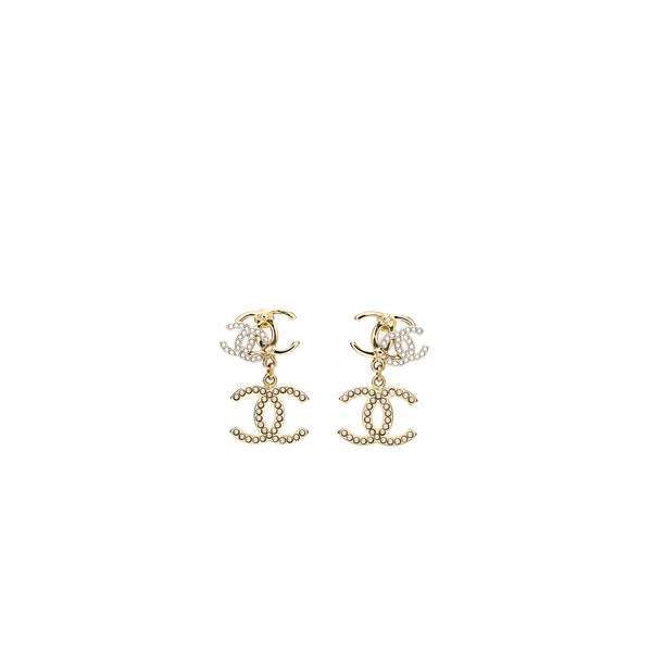 Chanel Triple CC logo drop earrings light gold tone