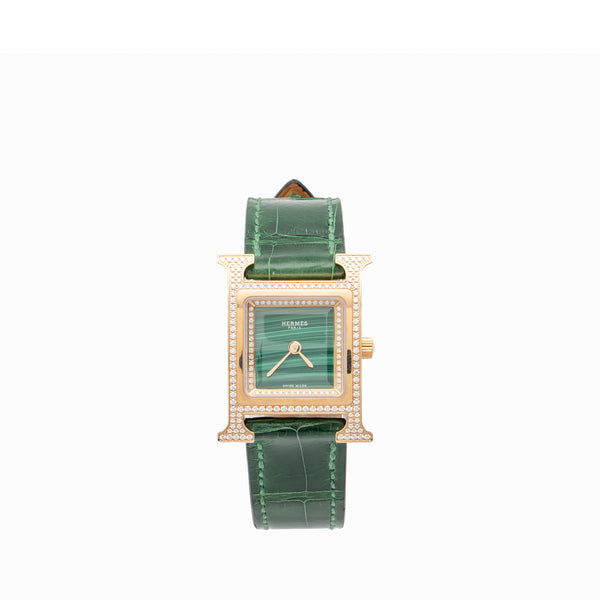 Hermes Heure Watch small model rose gold with diamonds green dial