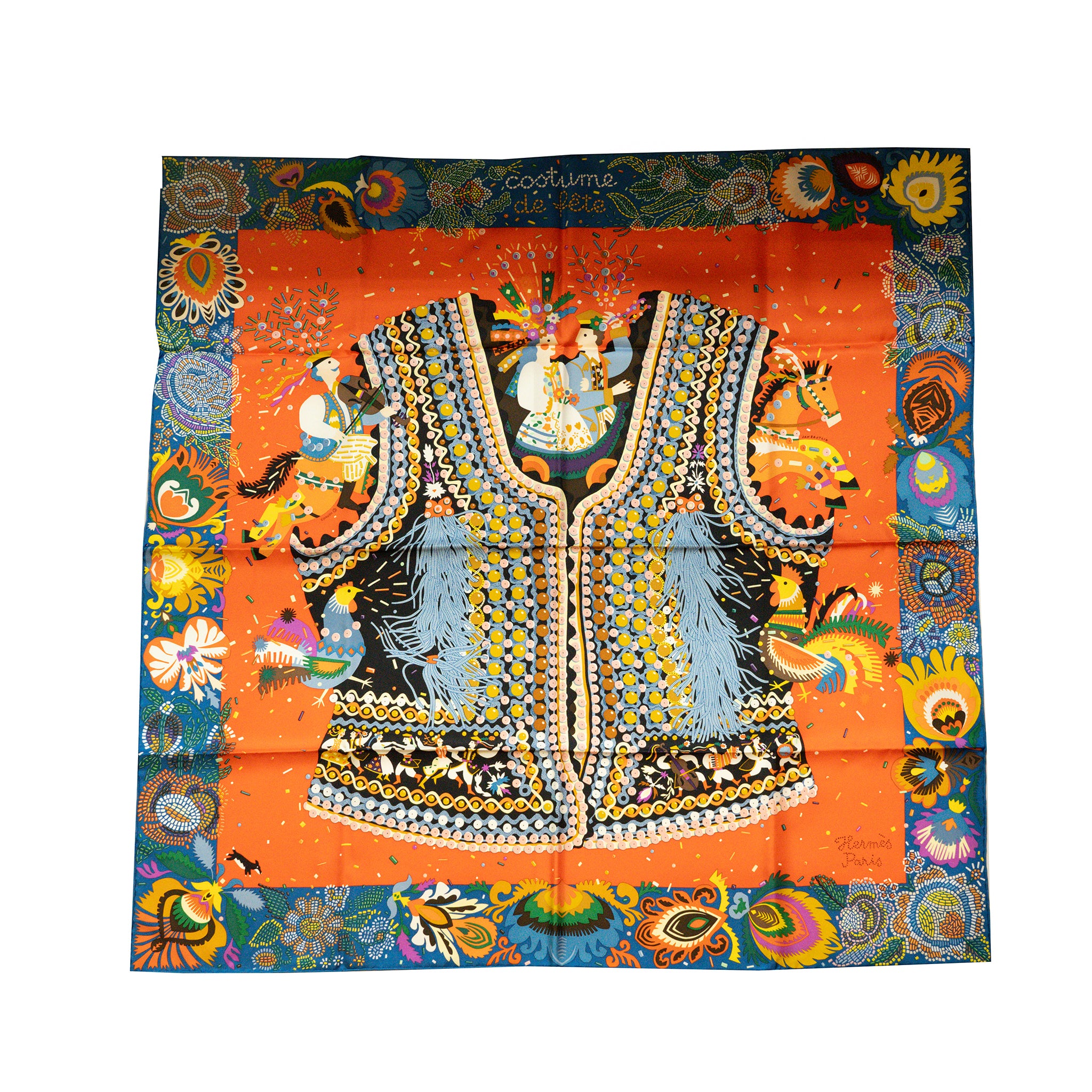 Hermes 90*90cm Silk Scarf Costume De Fete Td/Vermillon/Blue Azu Hermes 90*90cm Silk Scarf Costume De Fete Td/Vermillon/Blue Azu