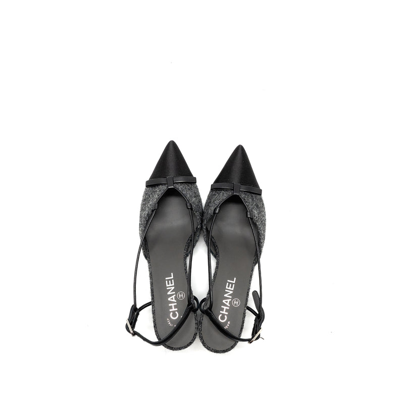 Chanel Size 37.5 Cap Toe CC Slingback Pumps Tweed Grey/Black