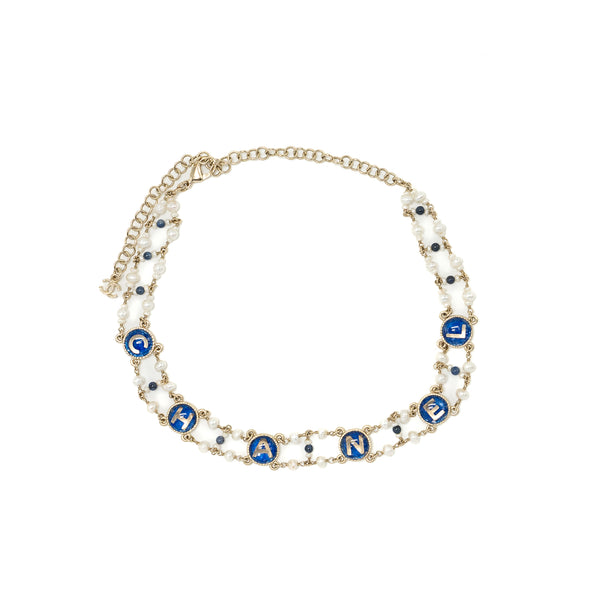 Chanel detailed letter checker blue / light gold tone