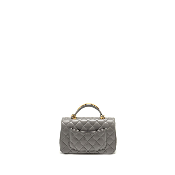 Chanel 22k Metal Top Handle Mini Rectangular Flap Bag Lambskin Grey GHW (microchip)