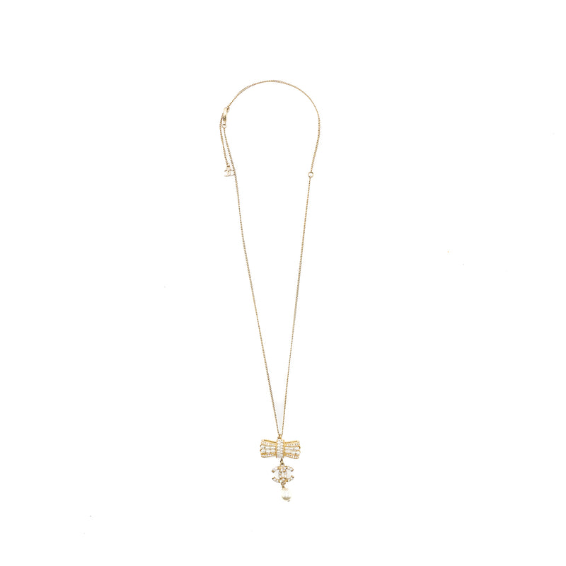 Chanel Bow/Pearl/CC Logo Necklace Light Gold Tone