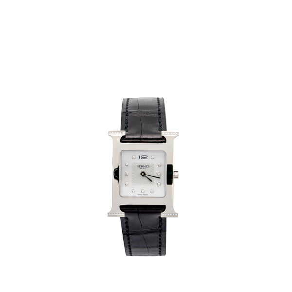 Hermes Heure H Watch, Small Model 25mm Model Of Pearl/Diamonds with Black alligator Strap SHW