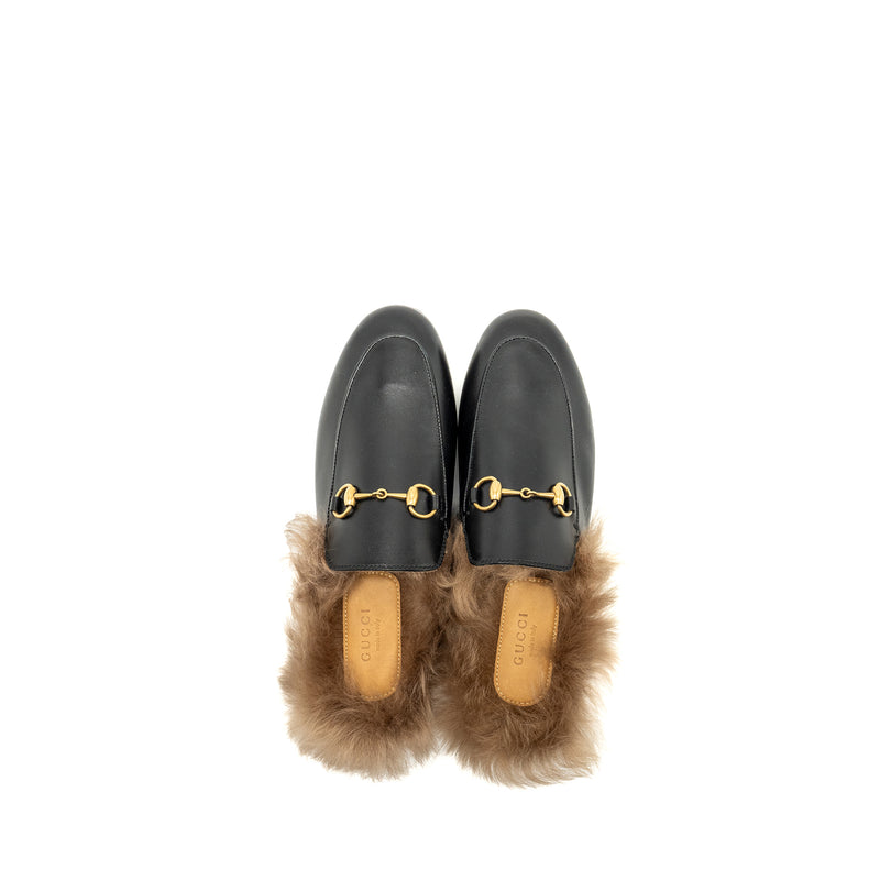 Gucci Size 37 Horsebit Princetown Fur Slipper Leather Black GHW