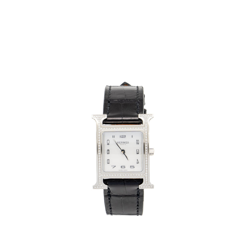 Hermes Heure H Watch Small Model 25mm Mother Of Pearl Dial, Diamonds Black Alligator Strap