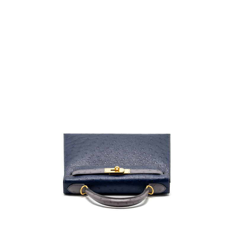 Hermes Kelly 28 Ostrich Blue Iris/ Gris Agate GHW Stamp D