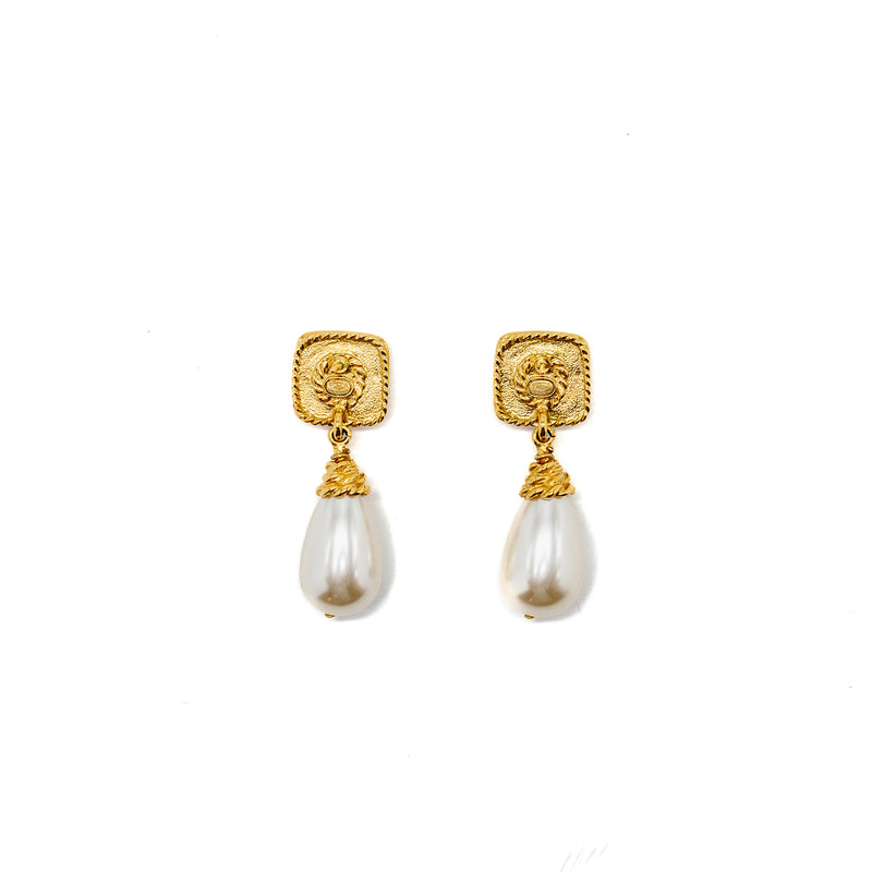 Chanel CC Logo Square with Pearl Drop Earrings Peach Gold Tone