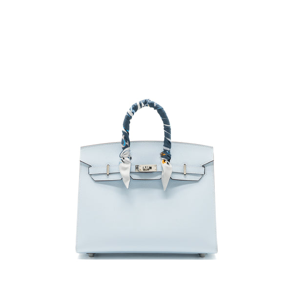Hermes Birkin 25 Epsom Blue Brume SHW Stamp U With An Extra Hermes Twilly