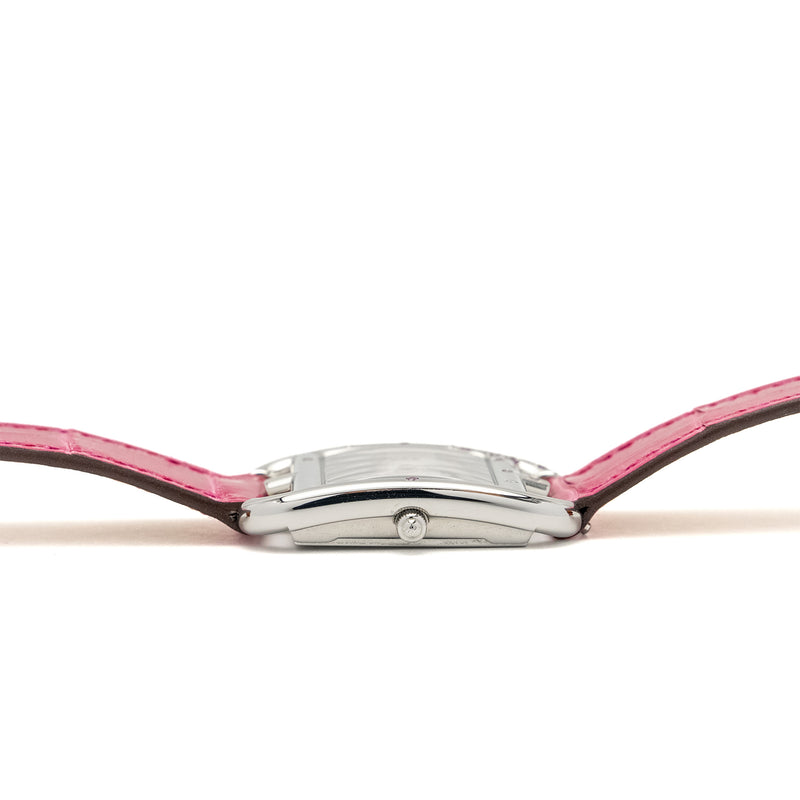 Hermes Cape Cod Watch Small Model 31mm Steel Case Mother of Pearl Dial with Diamonds Alligator Raspberry Strap