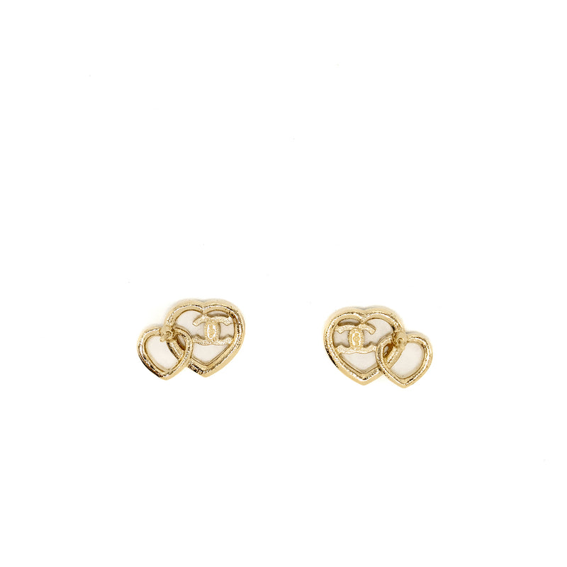 Chanel Double Heart CC Earrings Crystal Light Gold Tone