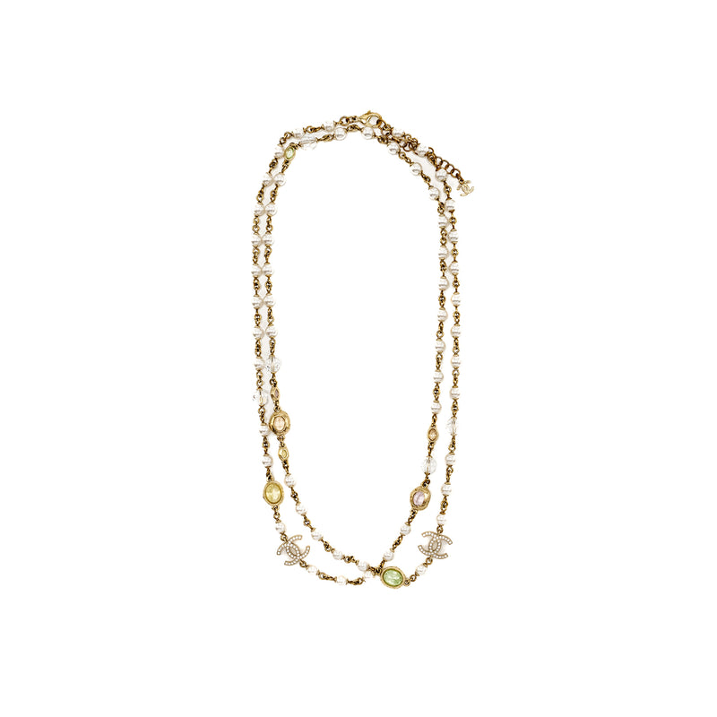 Chanel CC Logo/Pearl/Crystal Long Necklace Light Gold Tone