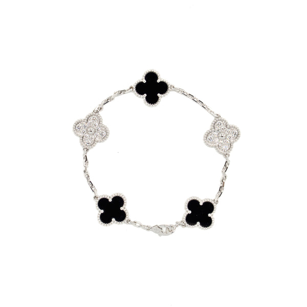 Van Cleef & Arpels Vintage Alhambra Bracelet 5 Motifs White Gold/Diamonds/Onyx