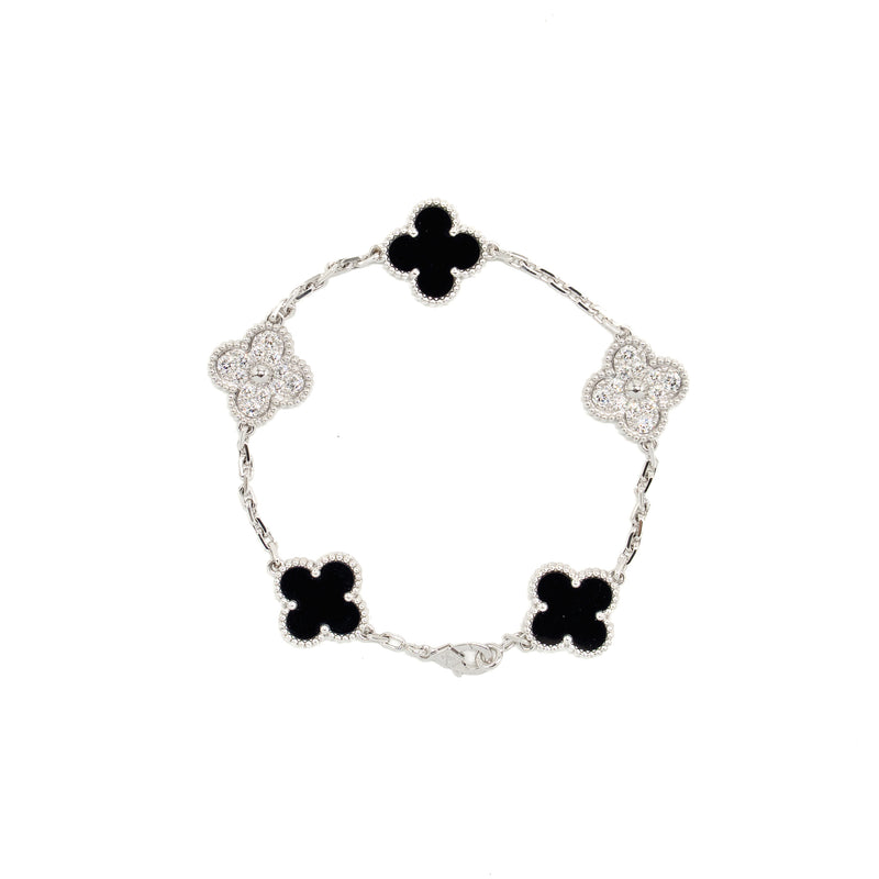 Van Cleef & Arpels Vintage Alhambra Bracelet 5 Motifs White Gold/Diamonds/Onyx