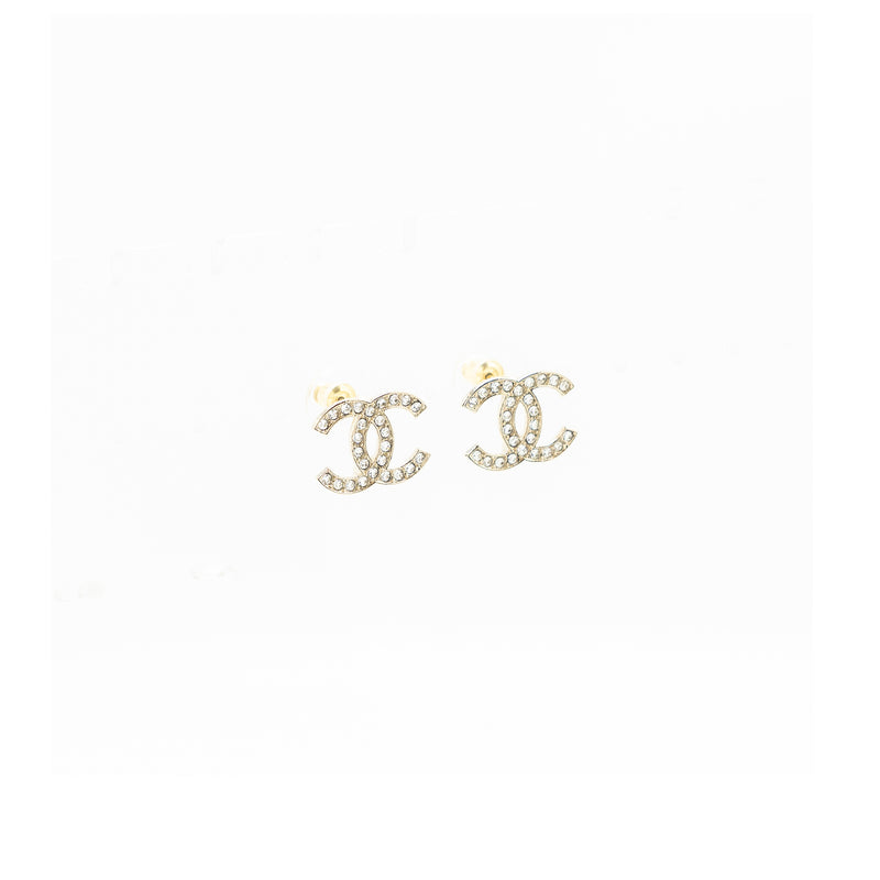 Chanel CC logo earrings light gold tone with crystal