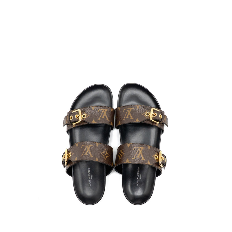 Louis Vuitton Size 38 Bom Dia Flat Comfort Mule Patent Monogram Canvas Cacao Brown GHW