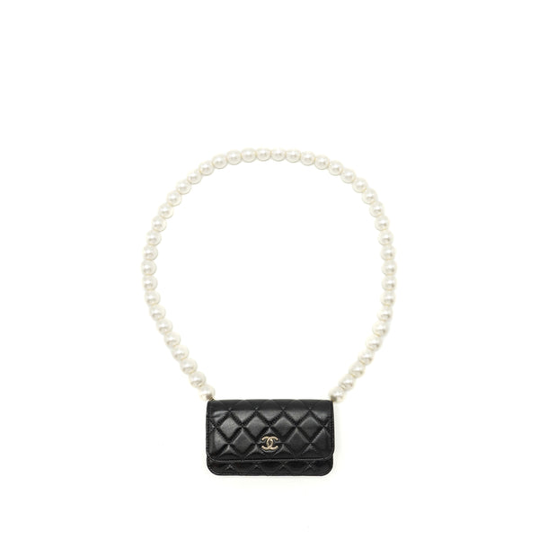 Chanel CC Logo Clutch with Giant Pearl Chain Lambskin Black LGHW