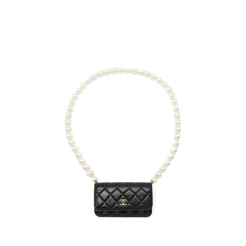 Chanel CC Logo Clutch with Giant Pearl Chain Lambskin Black LGHW