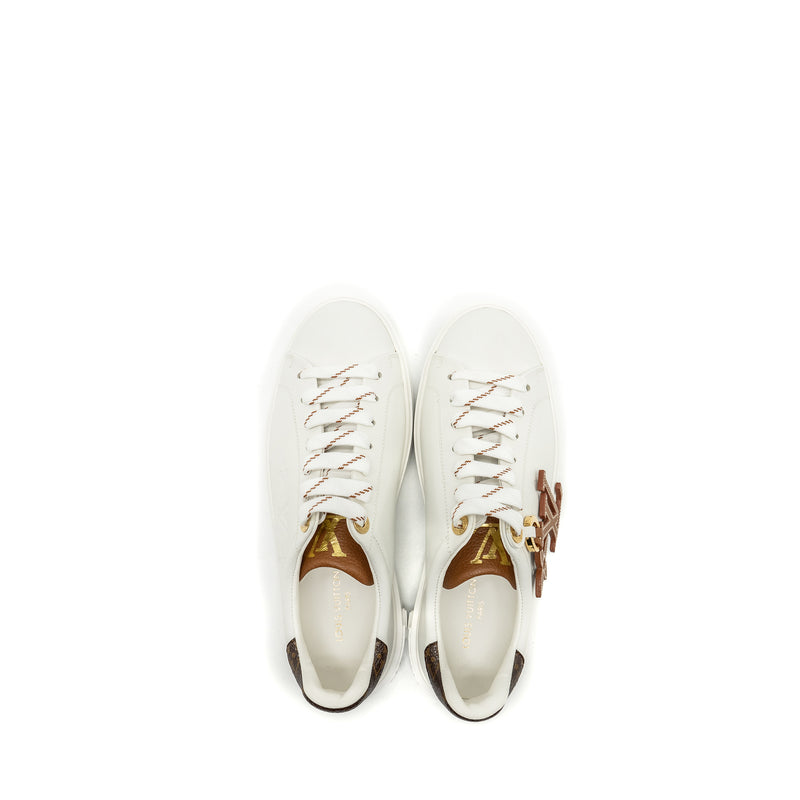 Louis Vuitton Size 37 Time Out Sneaker with Monogram and Flower Charm Calfskin White GHW