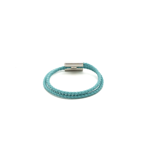 Hermes Size T3 Tournis Tresse Bracelet Blue Atoll SHW