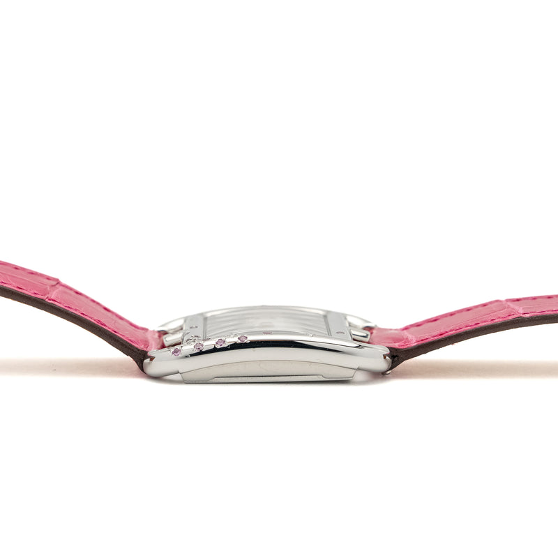 Hermes Cape Cod Watch Small Model 31mm Steel Case Mother of Pearl Dial with Diamonds Alligator Raspberry Strap