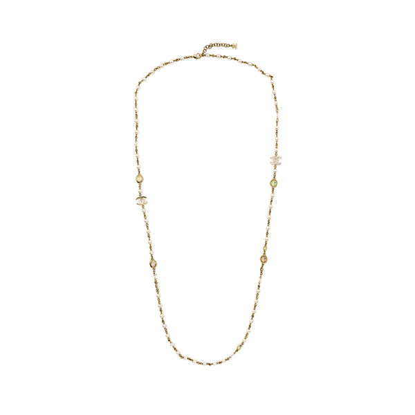 Chanel CC Logo/Pearl/Crystal Long Necklace Light Gold Tone