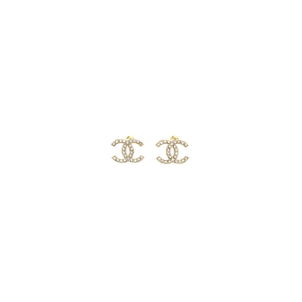 Chanel CC logo earrings light gold tone with crystal