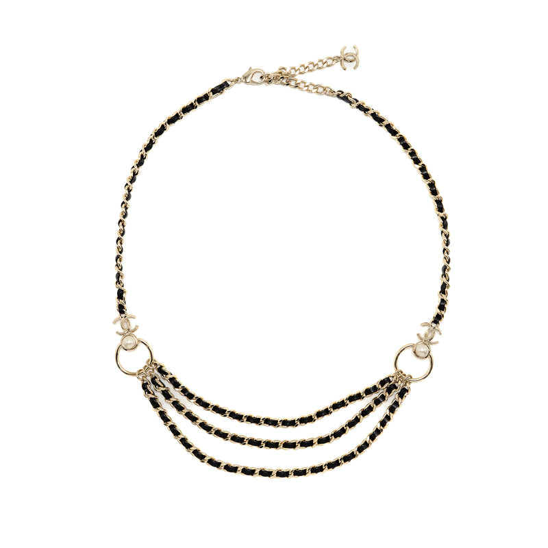 Chanel CC Leather Chain with Pearl Waist Chain Belt Black Light Gold Tone