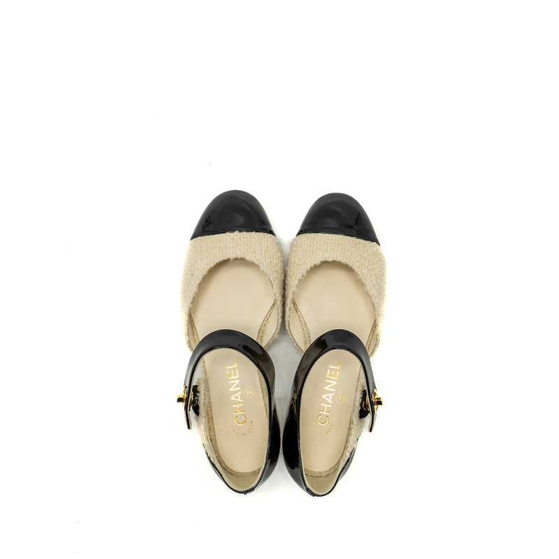 Chanel Size 36.5 21K CC Logo Ballerinas Tweed/Patent Calfskin Ivory/Black GHW