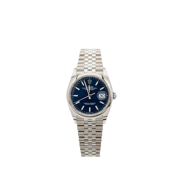 Rolex datejust 36 oystersteel with bright blue fluted-motif dial, oyster bracelet  Model: m126200-0022