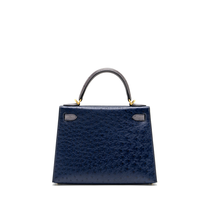 Hermes Kelly 28 Ostrich Blue Iris/ Gris Agate GHW Stamp D