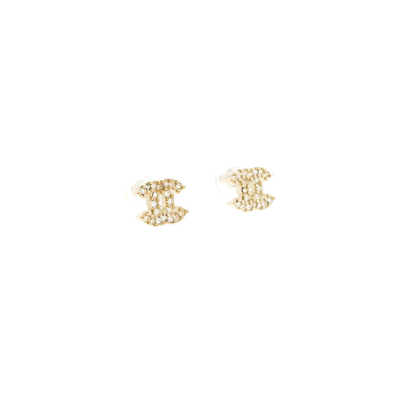 Chanel Classic Crystal CC Logo Earrings Light Gold Tone
