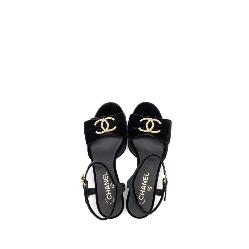 Chanel Size 36 24K Crystal CC Logo Sandals Velvet Black LGHW