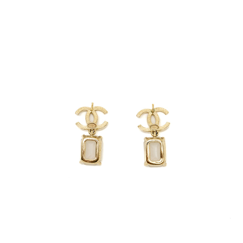 Chanel CC Logo Square Drop Earrings with Crystal Light Gold Tone