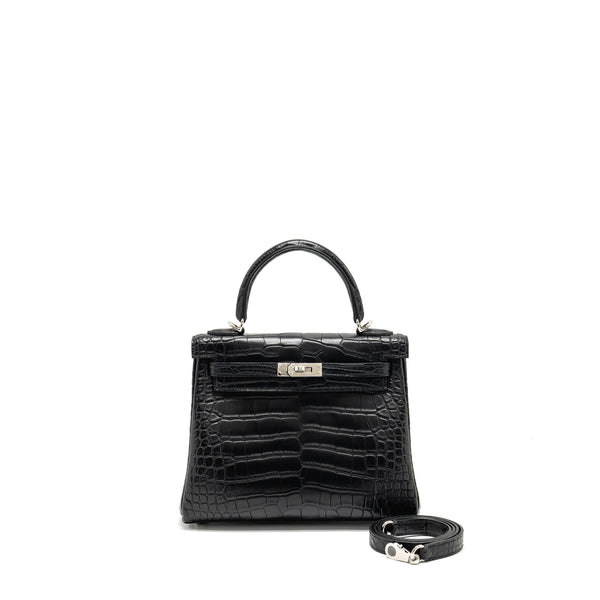 Hermes Kelly 25 matt alligator mississippiensis black SHW stamp W