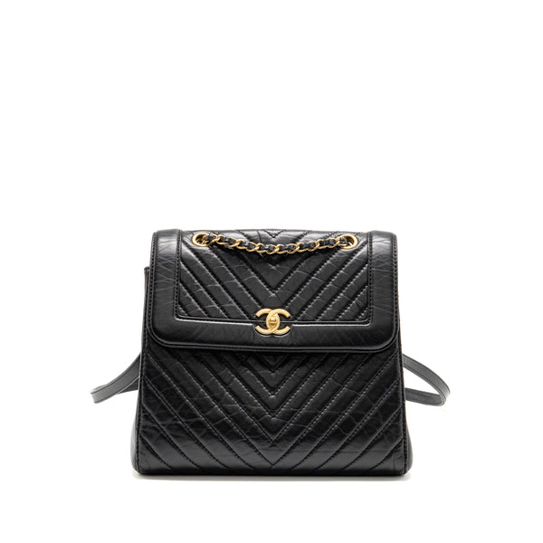 Chanel Chevron Frame Quilted Backpack Aged Calfskin Black GHW