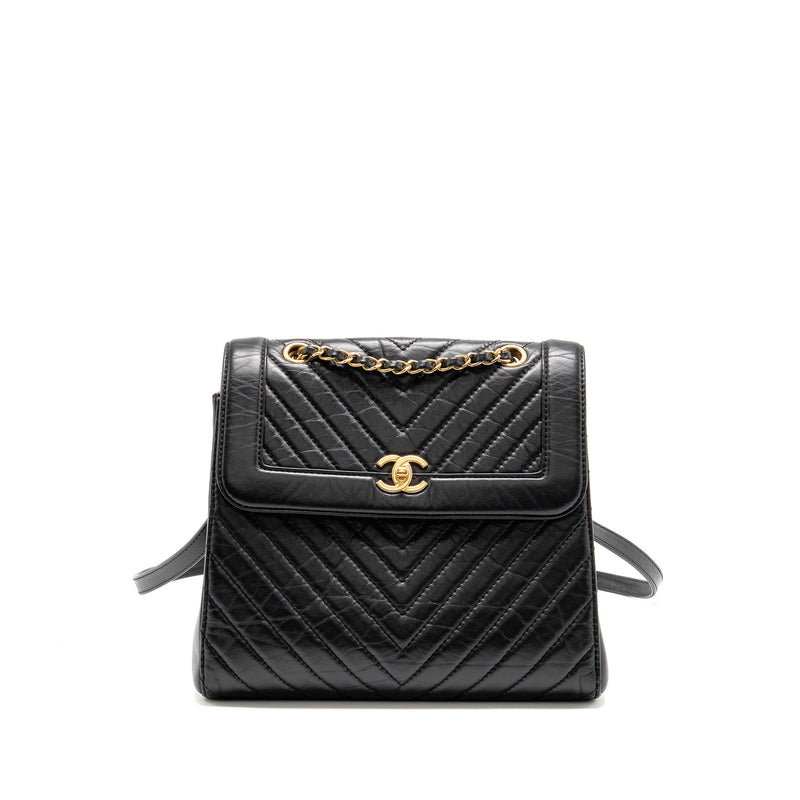 Chanel Chevron Frame Quilted Backpack Aged Calfskin Black GHW