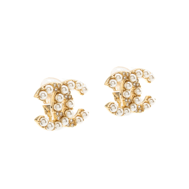 Chanel Pearl&crystal cc logo ear clips gold tone