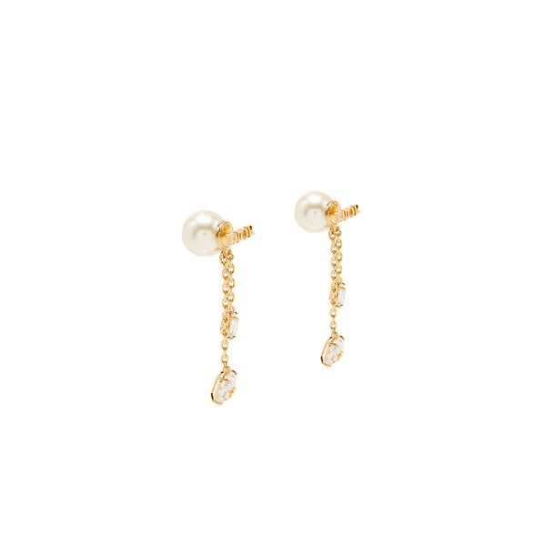 Dior Crystal Dropped Pearl Earrings Gold Tone