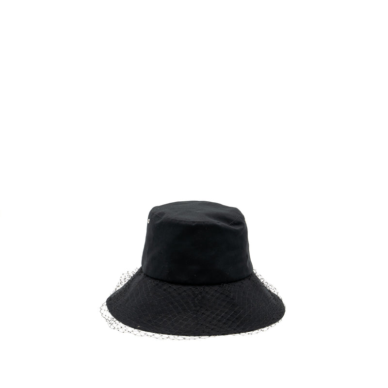 Dior Size 58 Teddy-D Large Brim Hat With Veil Cotton Black