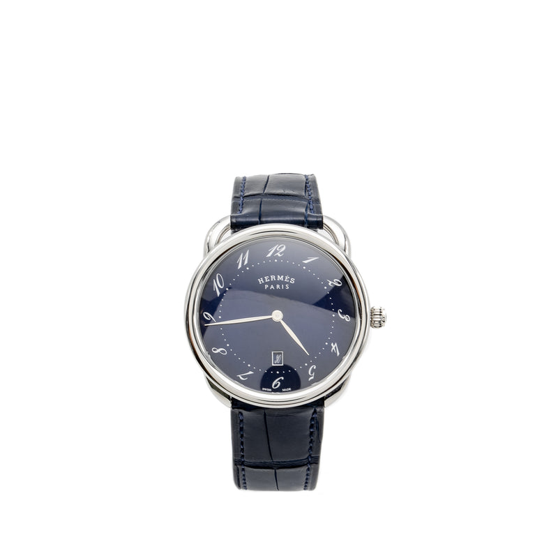 Hermes Arceau Watch, 40mm Large Model Blue-lacquered Dial with Alligator Bleu Abysse Strap