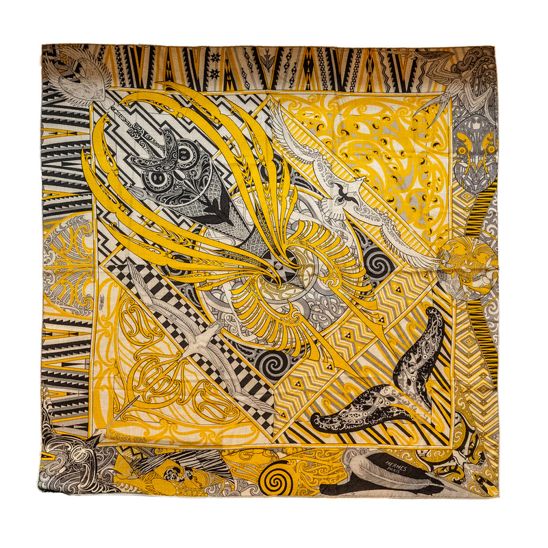 Hermes 140cm cashmere/ silk scarf Kara Ora multicolour yellow/ grey / beige