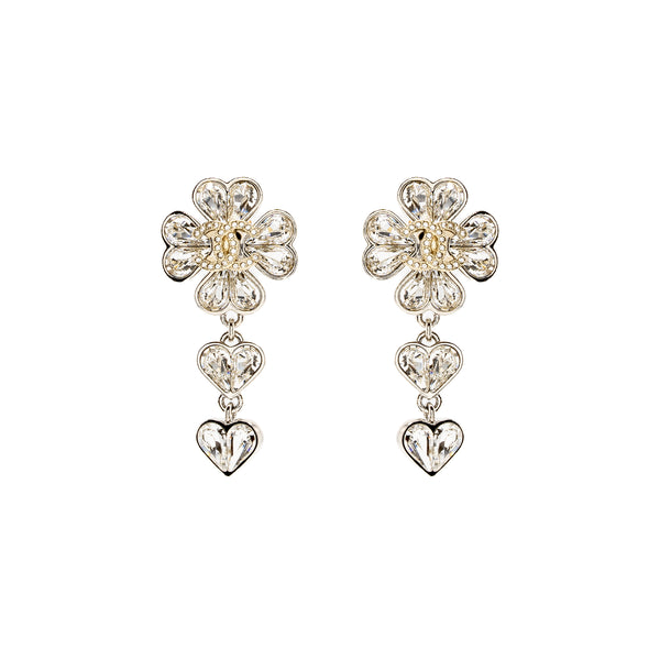 Chanel CC Clover Heart Drop Earrings Crystal Silver Tone